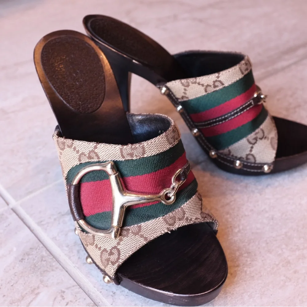 GUCCI Signature Web Horsebit Clog Heel Sandals 5.5 - Picture 1 of 7